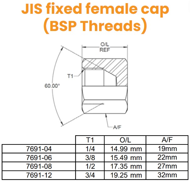 1/4 JIS Solid Cap 60° Cone (BSP Thread) Hydraulic Adaptor